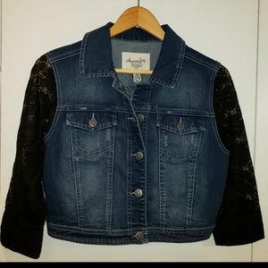 American Rag Cropped Denim Jacket w/ Lace Sleeve